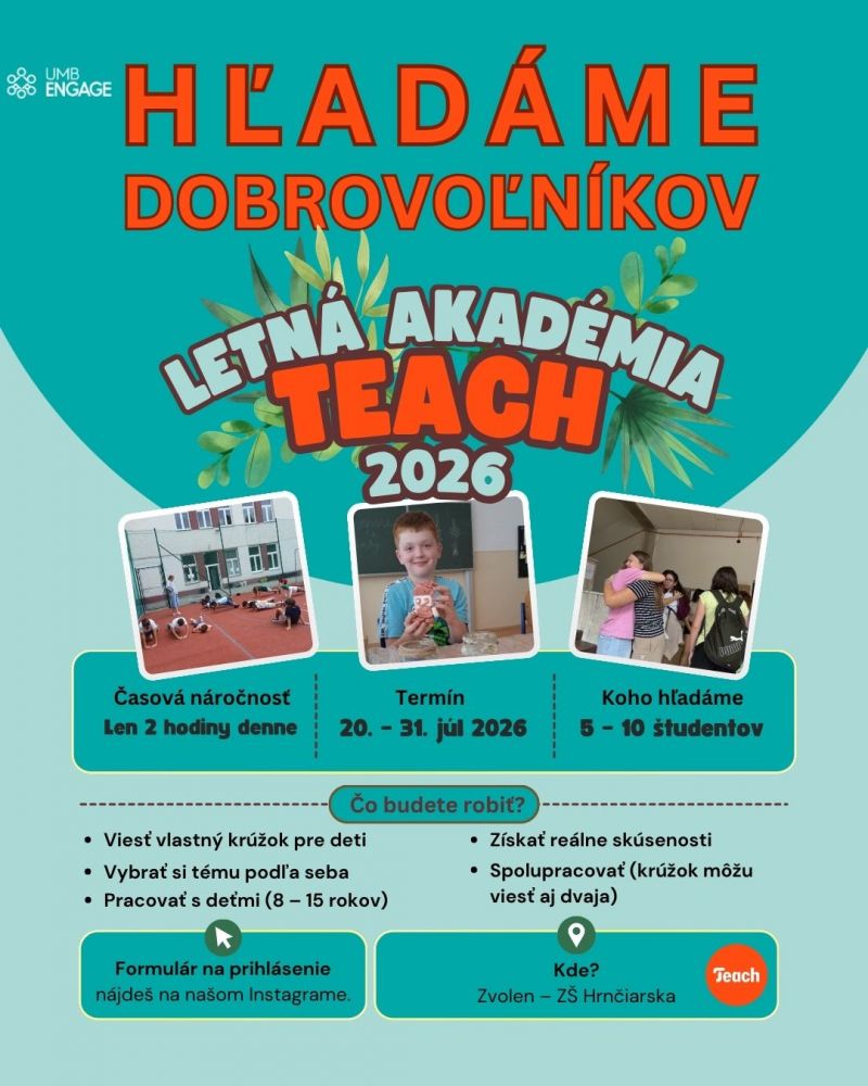 Letn&aacute; akad&eacute;mia Teach 2026 hľad&aacute; dobrovoľn&iacute;kov: Zaži leto, ktor&eacute; m&aacute; zmysel